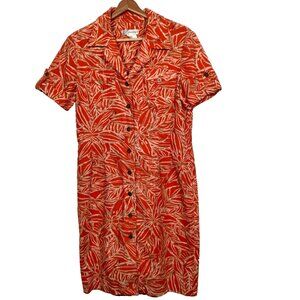 Dressbarn Dress Size 10 Orange Floral Button Up Collared Linen Rayon Tropical